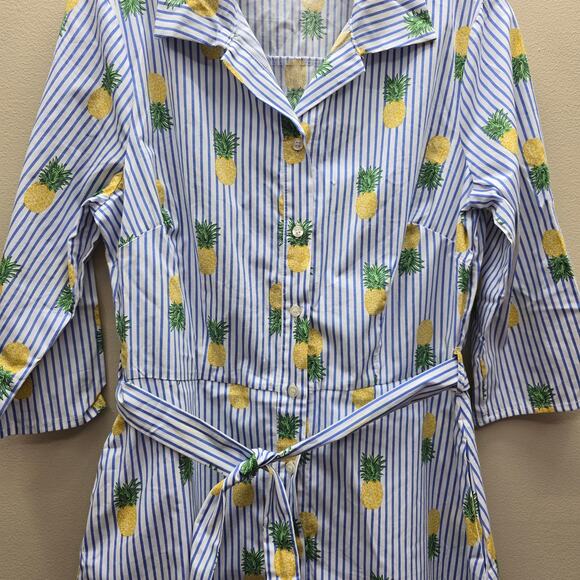 Chloe + Rene Striped Button Up Pineapple Print Dress Blue & White Size Medium - Picture 5 of 8